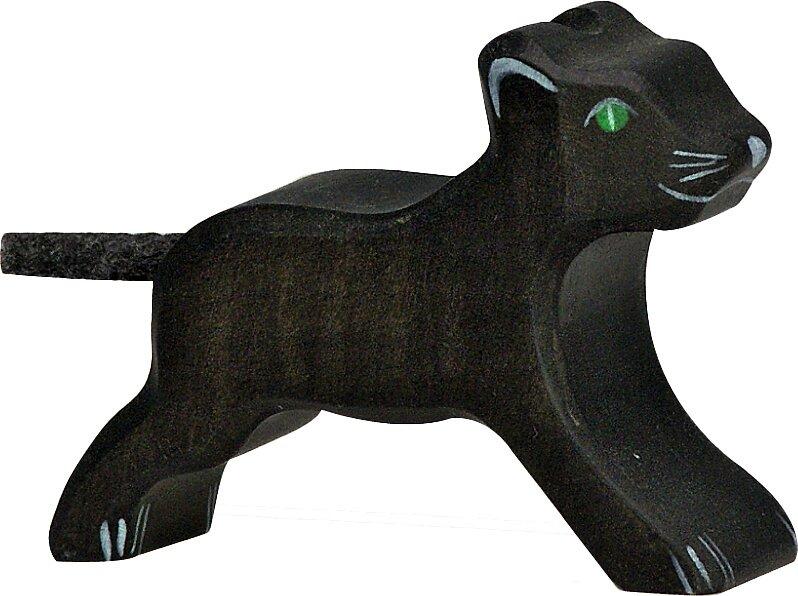 HOLZTIGER kleiner Panther als Holzfigur mit Schnurschwanz – Ansicht