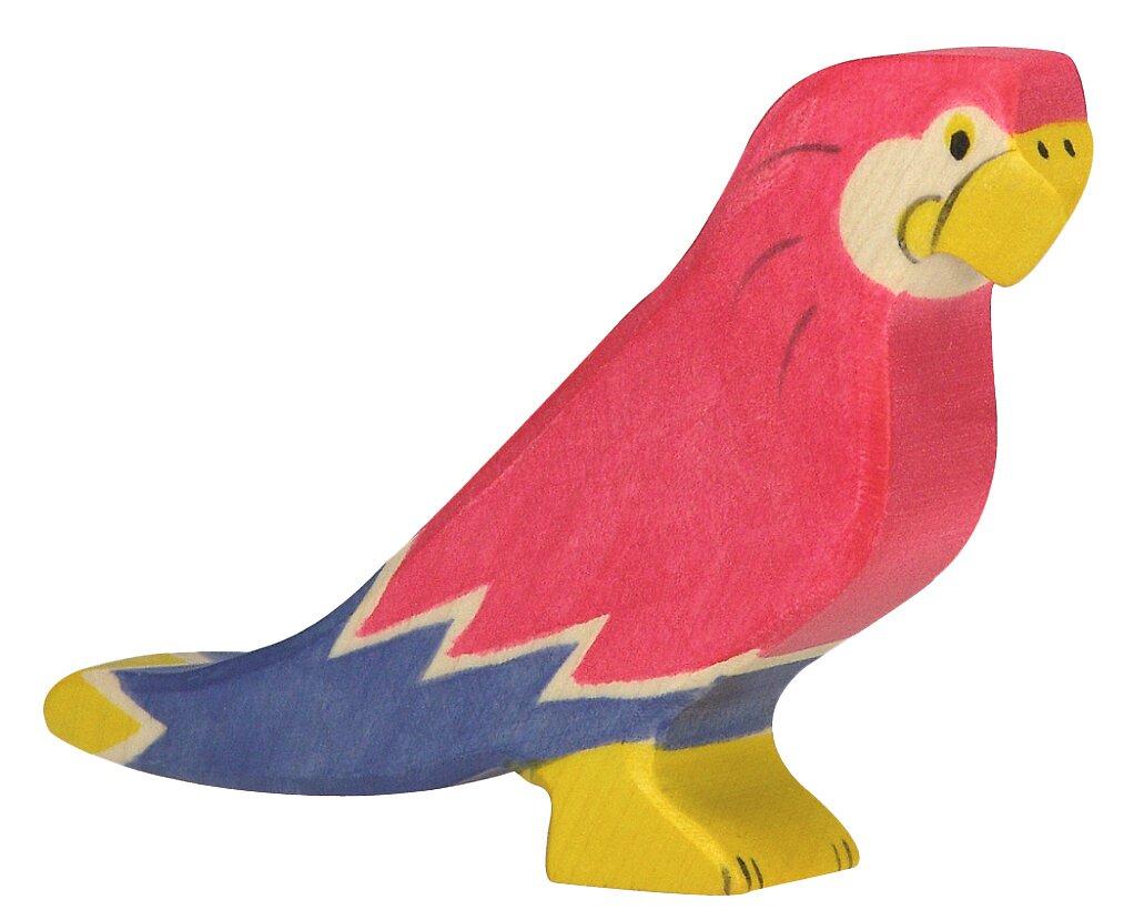 HOLZTIGER Papagei als bunte Holzfigur in Rot und Blau – Ansicht