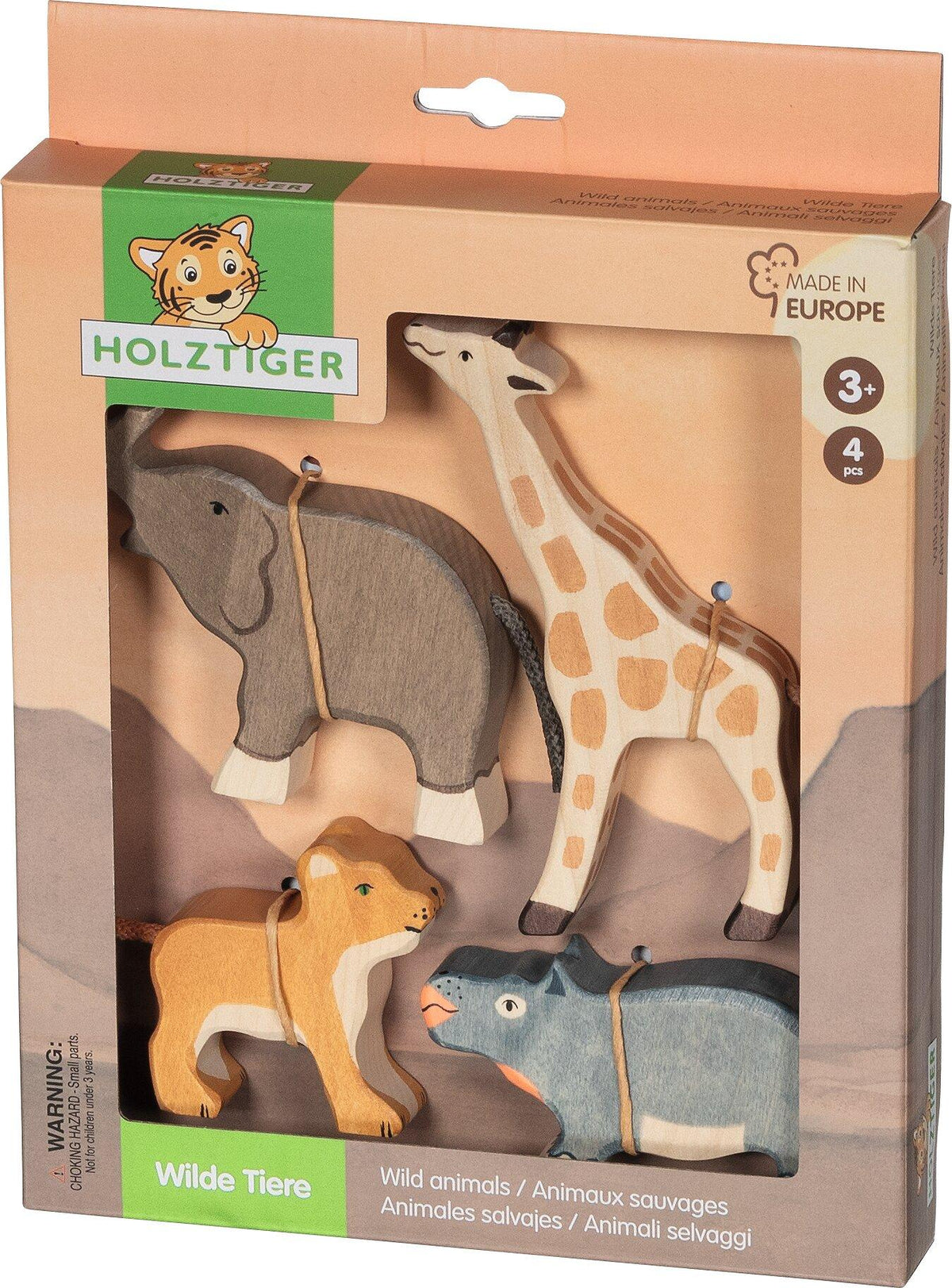 HOLZTIGER Wilde Tiere Set mit Elefant, Giraffe und Nilpferd – Verpackung