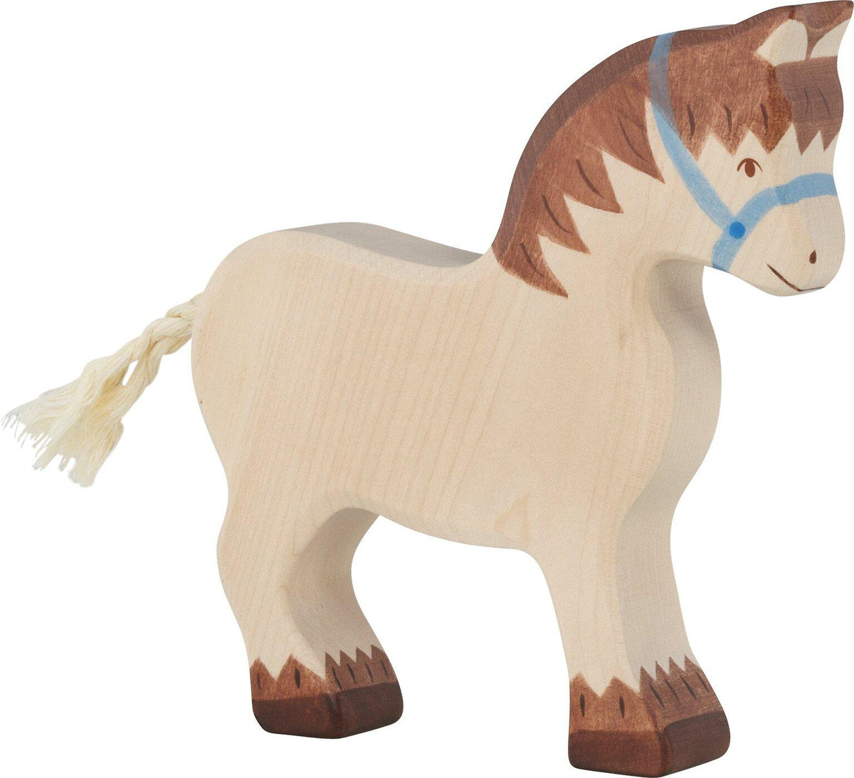 HOLZTIGER Zugpferd Holzfigur mit blauem Halfter – Ansicht