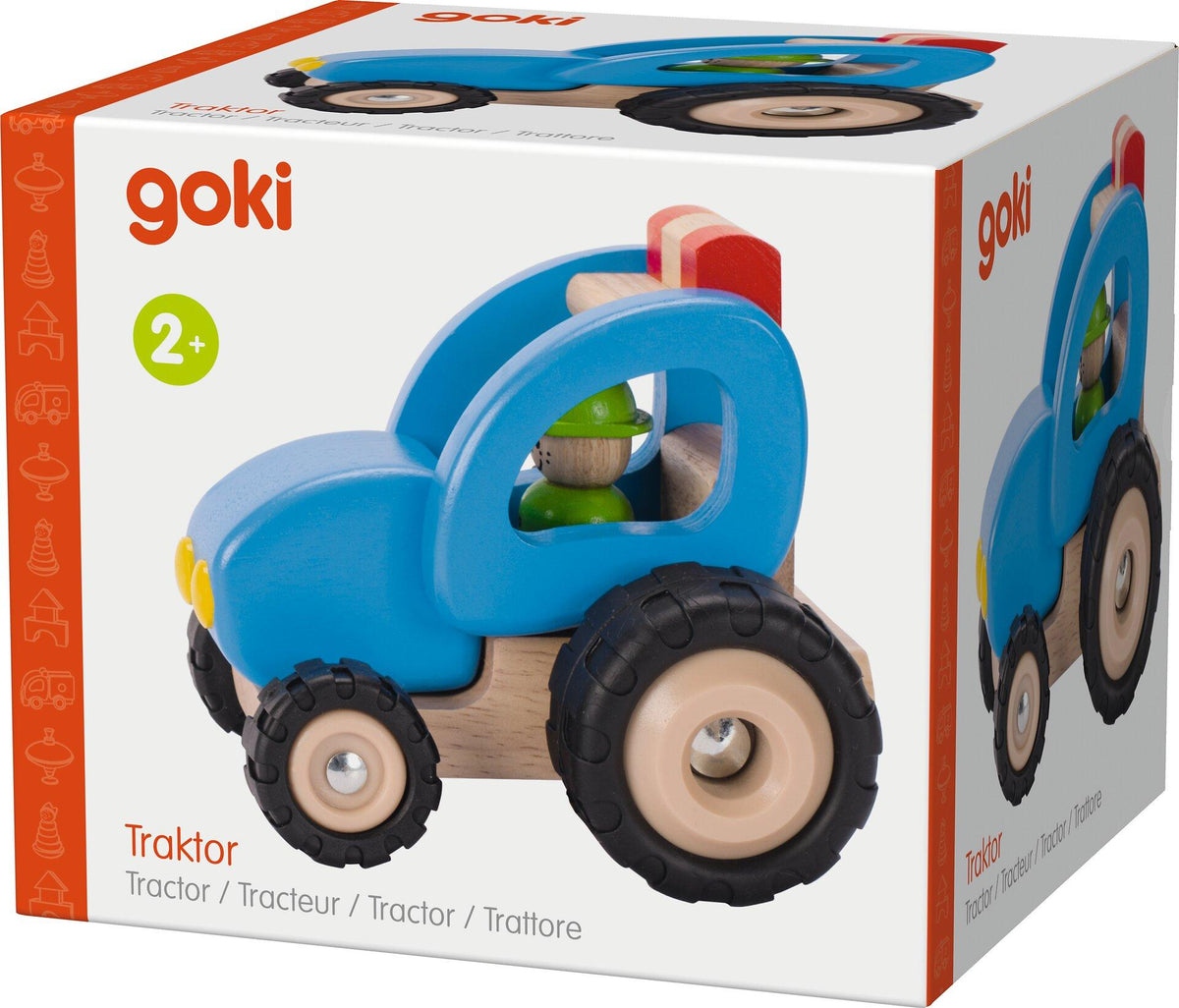 Holztraktor mit Fahrer in Blau – Seitenansicht