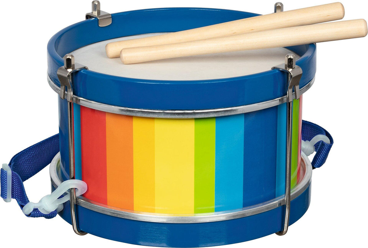 Holztrommel mit Regenbogenstreifen, 13,5 cm hoch – Ansicht