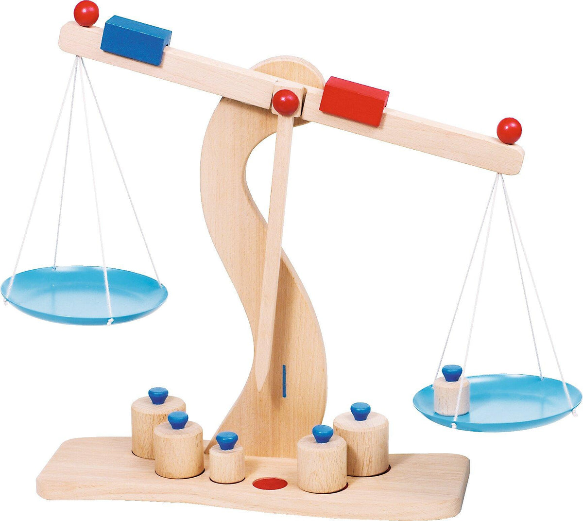 Holzwaage mit sechs Gewichten für Rollenspiele von goki – weitere Ansicht