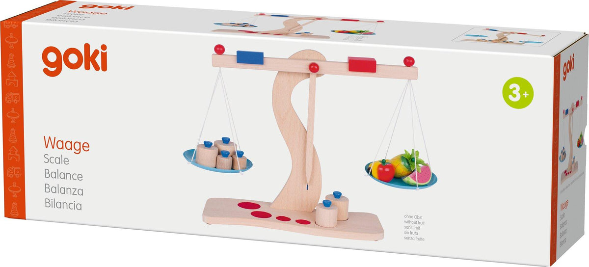 Holzwaage mit sechs Gewichten für Rollenspiele von goki – Verpackung