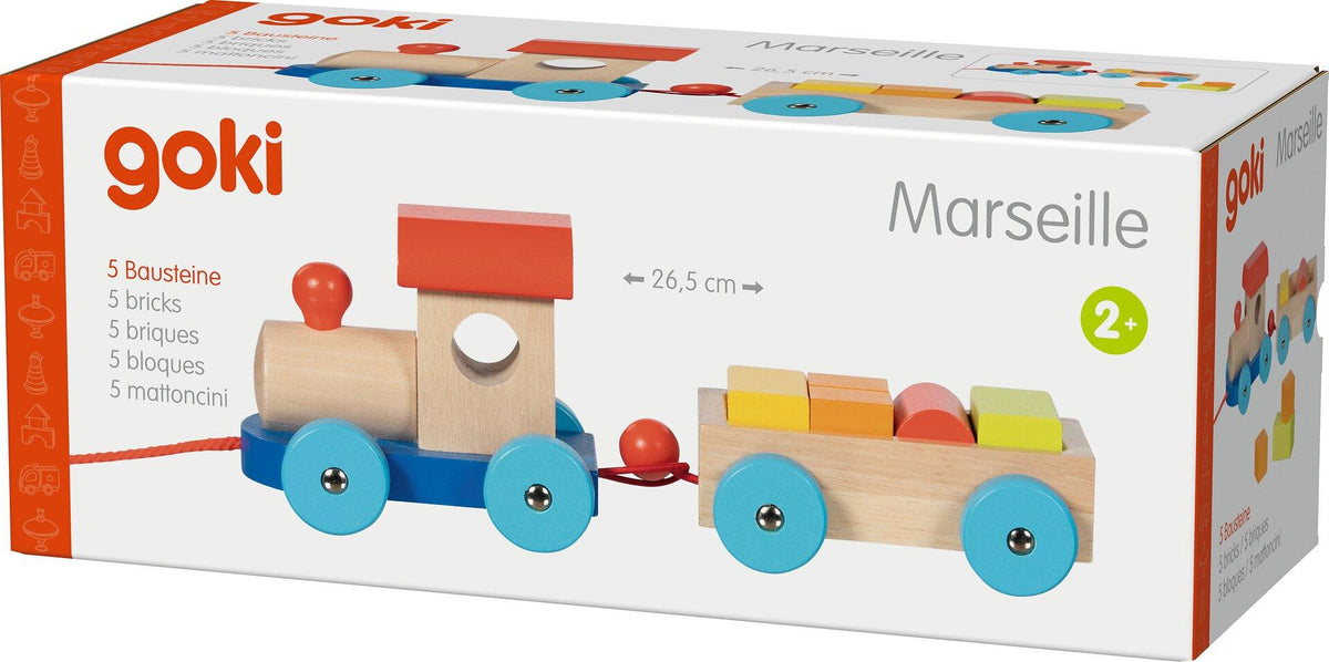 Holzzug Marseille mit Wagen und fünf Bausteinen – Gesamtansicht