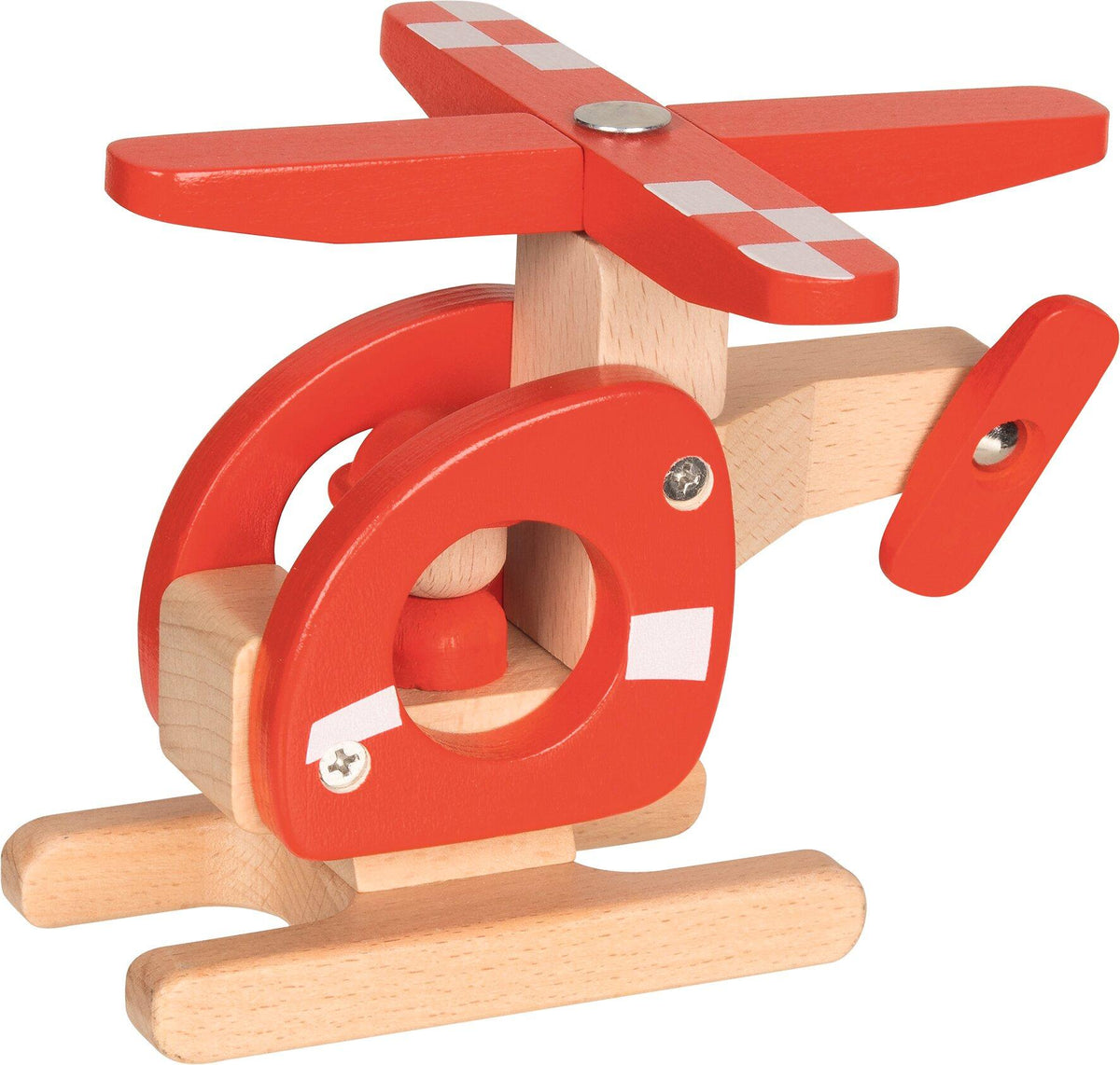 Hubschrauber aus Holz in Rot mit Heckrotor von goki – Ansicht