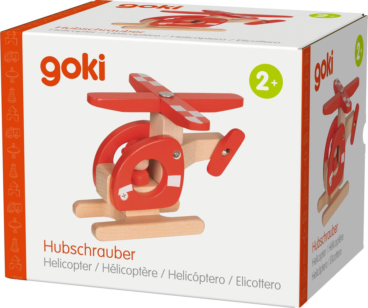 Hubschrauber aus Holz in Rot mit Heckrotor von goki – Detail