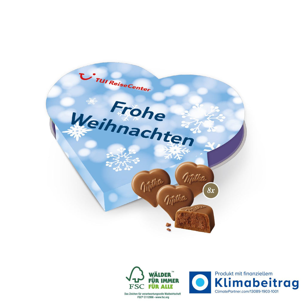 Das "I Love Milka"-Herz aus FSC-zertifiziertem Karton, das das Engagement für Nachhaltigkeit zeigt.