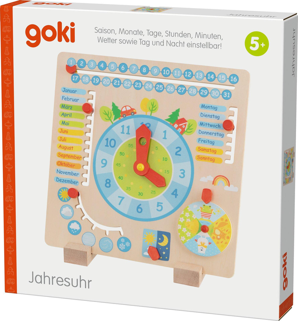 Jahresuhr aus Holz mit Kalender, Uhr und Wetteranzeige von goki – Gesamtansicht