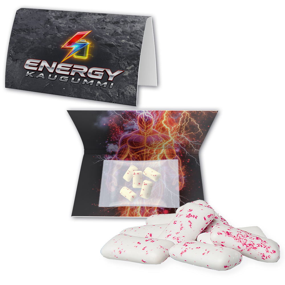 Kaugummi und Fruchtstreifen auf der Werbekarte A5 – Energy Kaugummi, ca. 7 g