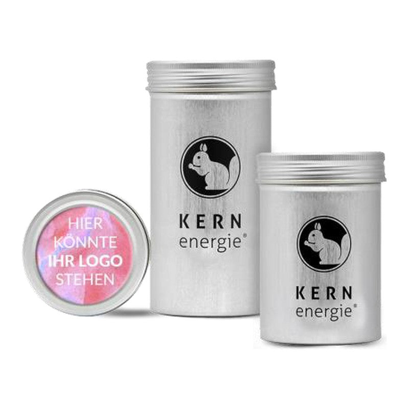 KERNenergie Nüsse in der Aludose M mit Deckelsticker – Beispiel mit Platzhalter für Dein Logo