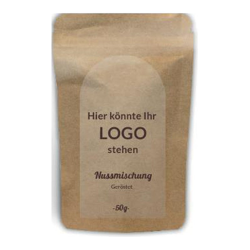 KERNenergie Standbodenbeutel 50 g mit eigenem Etikett – Beispiel Kraftpapier