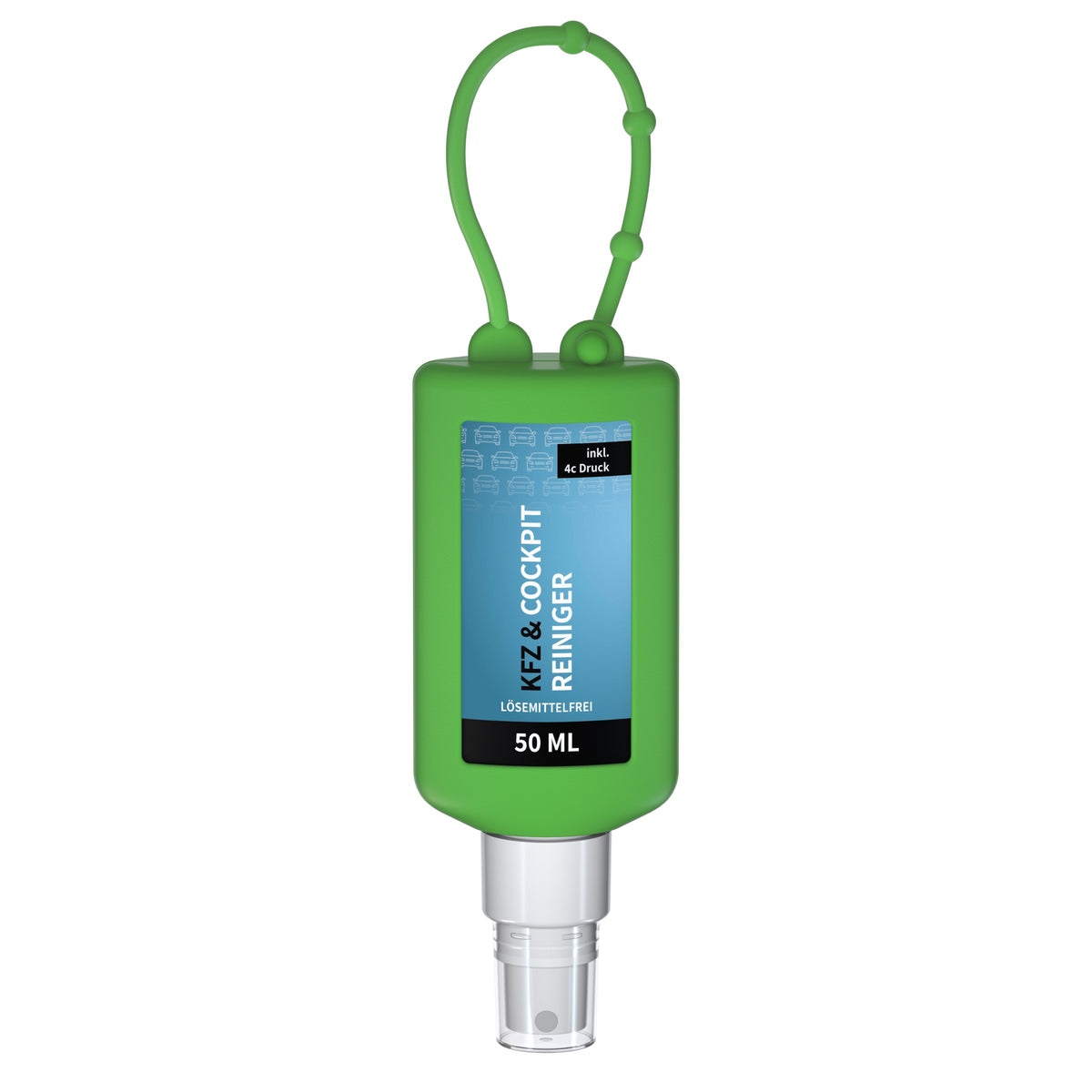 Kfz Cockpit Reiniger 50 ml Flasche mit Silikonhülle zum Anhängen – Grün