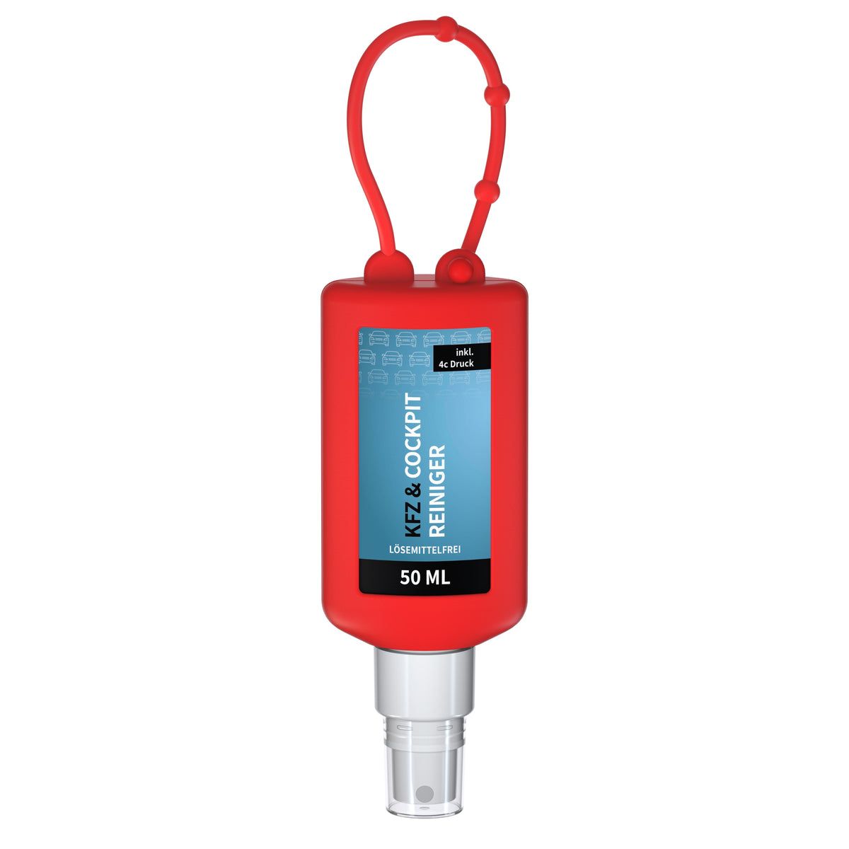 Kfz Cockpit Reiniger 50 ml Flasche mit Silikonhülle zum Anhängen – Rot