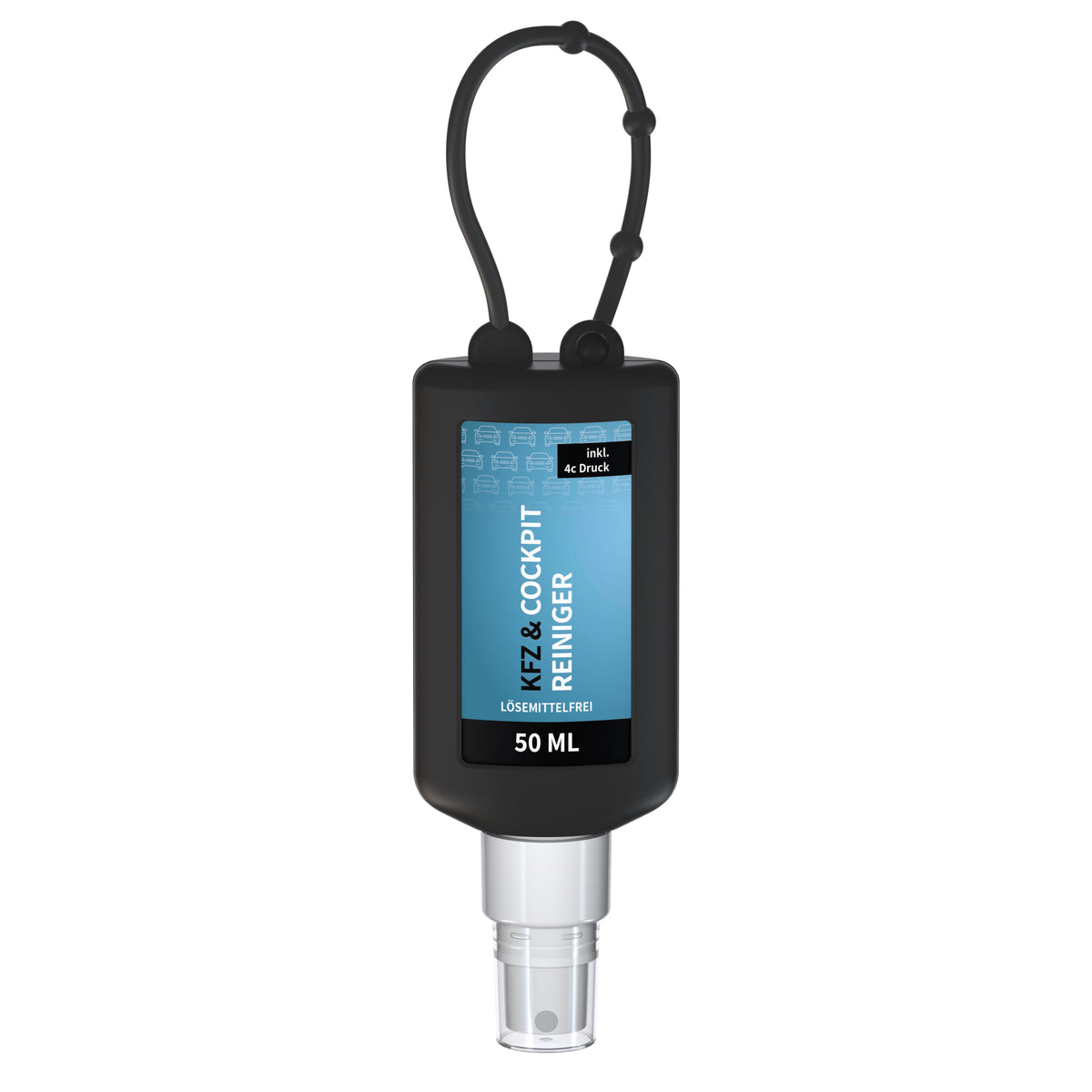 Kfz Cockpit Reiniger 50 ml Flasche mit Silikonhülle zum Anhängen – Schwarz