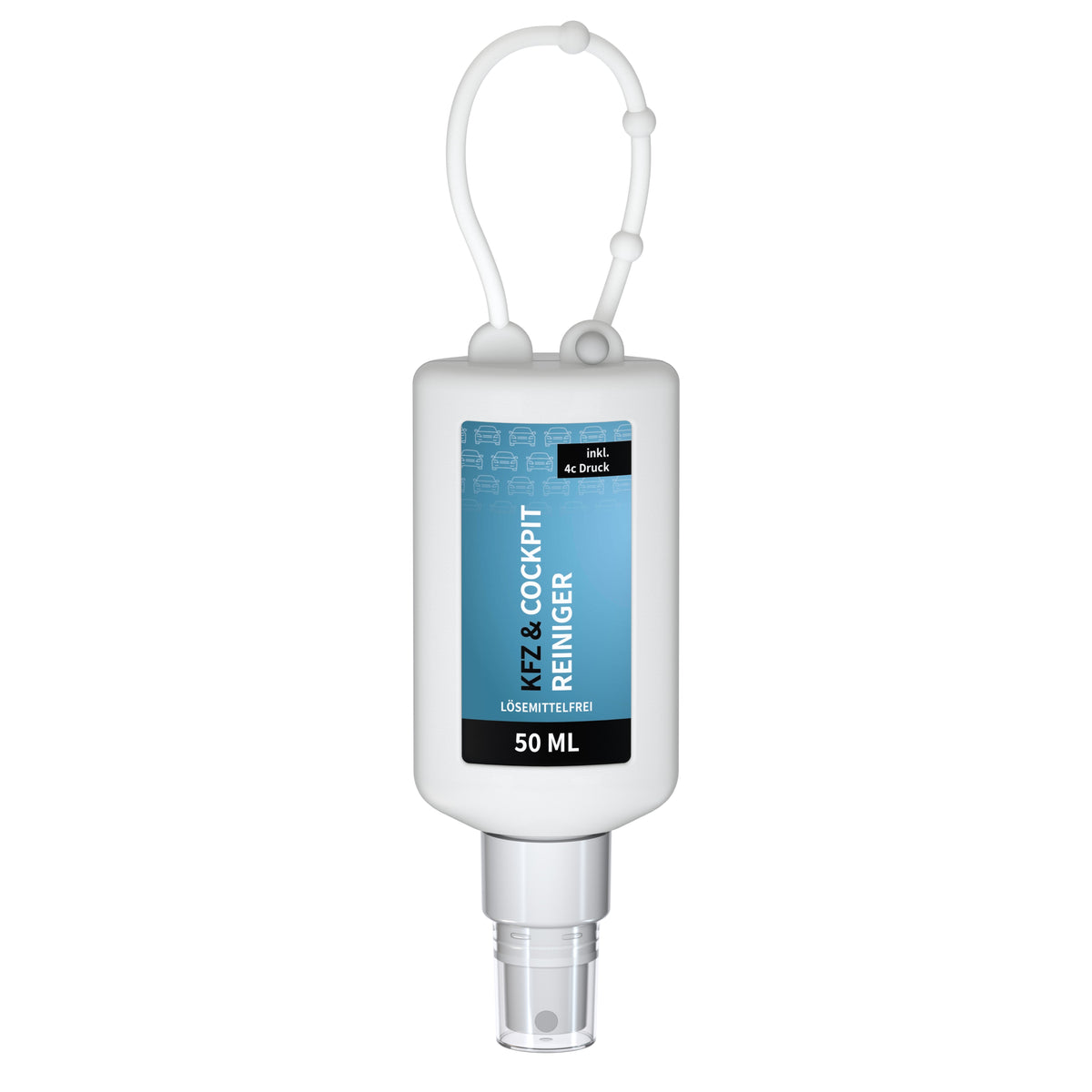 Kfz Cockpit Reiniger 50 ml Flasche mit Silikonhülle zum Anhängen – Weiß