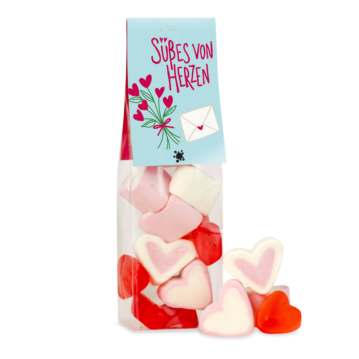 Kirsch Herzen und Schaumzuckerherzen im Beutel 60 g mit Logo – Beispielmotiv