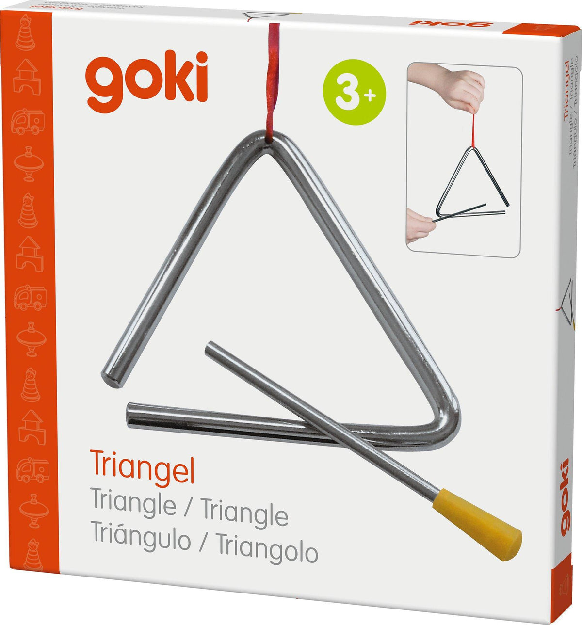Kleine Triangel mit Metallstab, 10 cm, zum Anschlagen – in der Hand