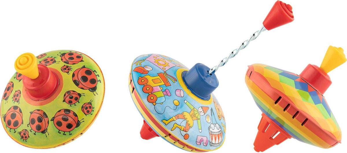 Kleiner Brummkreisel aus Blech in drei Motiven