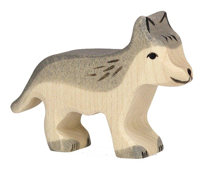 Kleiner Wolf Holzfigur hell und grau von HOLZTIGER – Ansicht