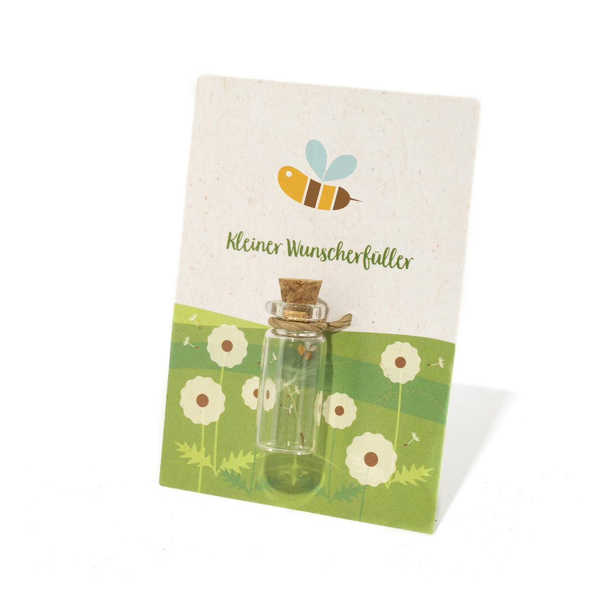 Kleiner Wunscherfüller mit Pusteblume auf Karte mit Logo – Ansicht