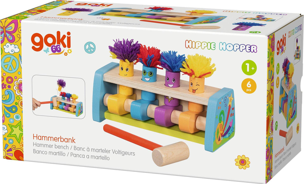 Klopfbank Hippie Hopper mit vier bunten Figuren von goki – Detailansicht