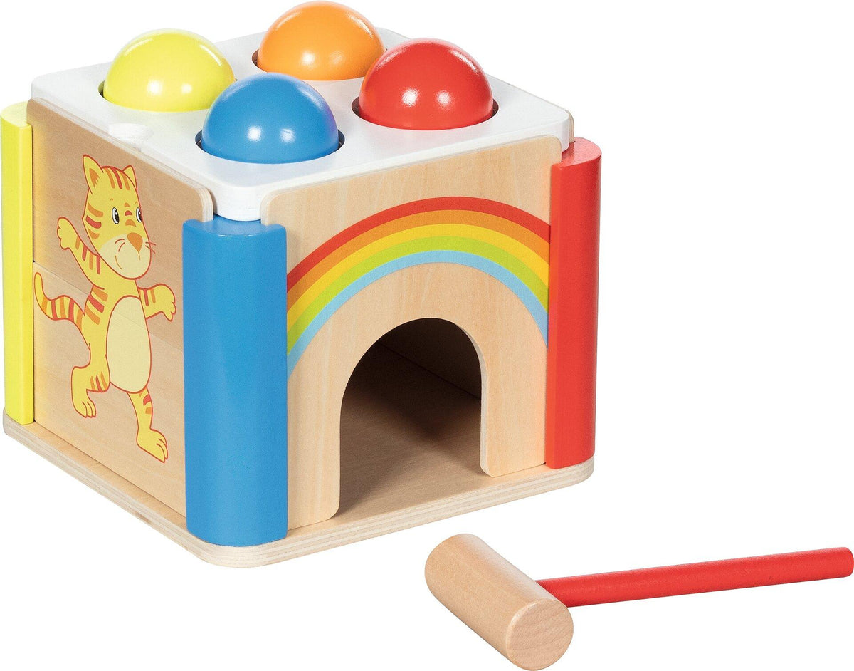 Klopfkiste Regenbogen mit Hammer und vier Kugeln – Ansicht