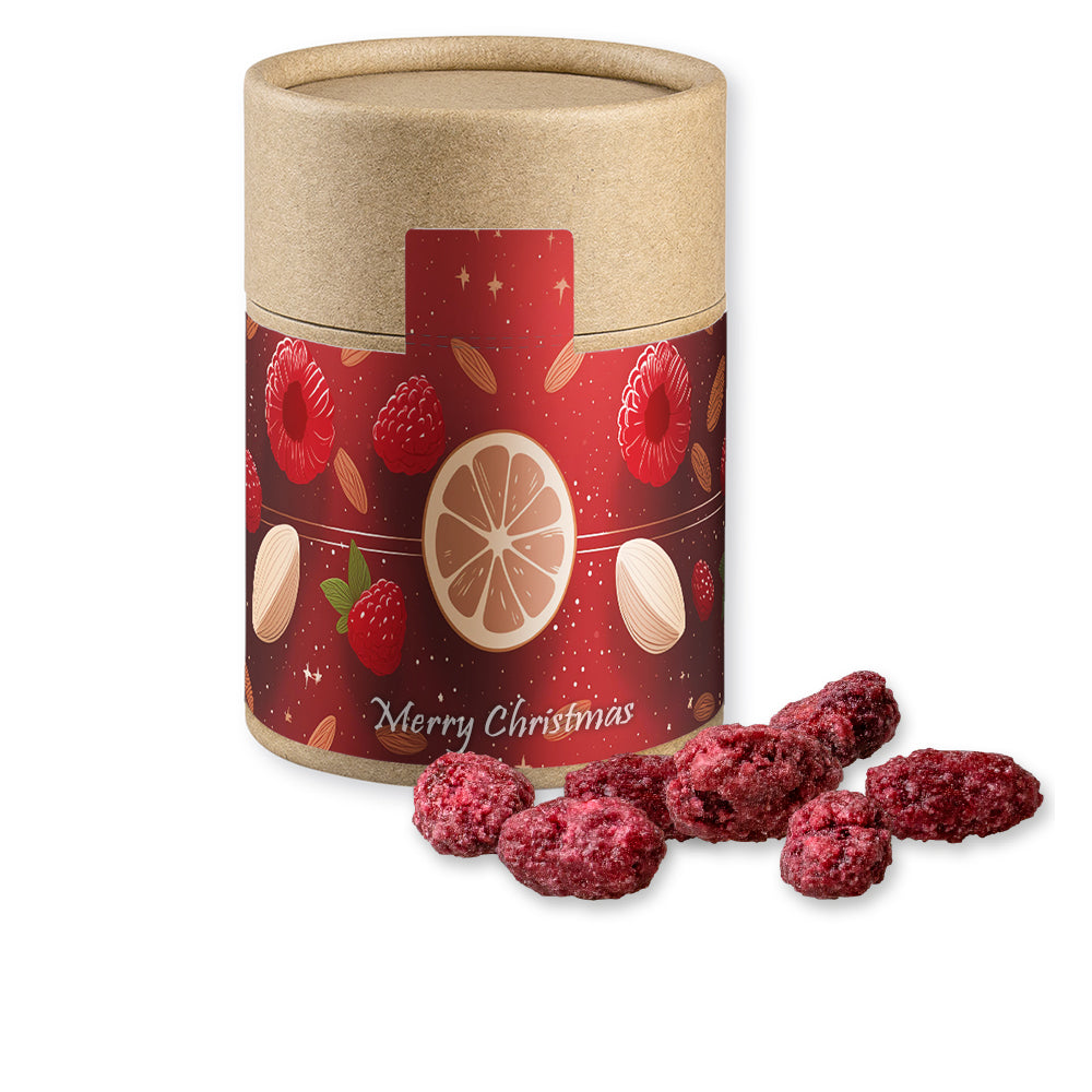 Knusperkugeln und Mandeln in der Kraftpapierdose – Gebrannte Mandeln Himbeere, ca. 80 g