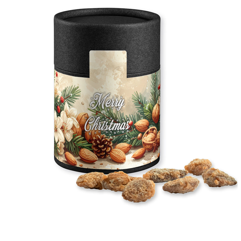 Knusperkugeln und Mandeln in der schwarzen Dose – Feuergebrannte Mandeln ohne Zuckerzusatz, ca. 80 g