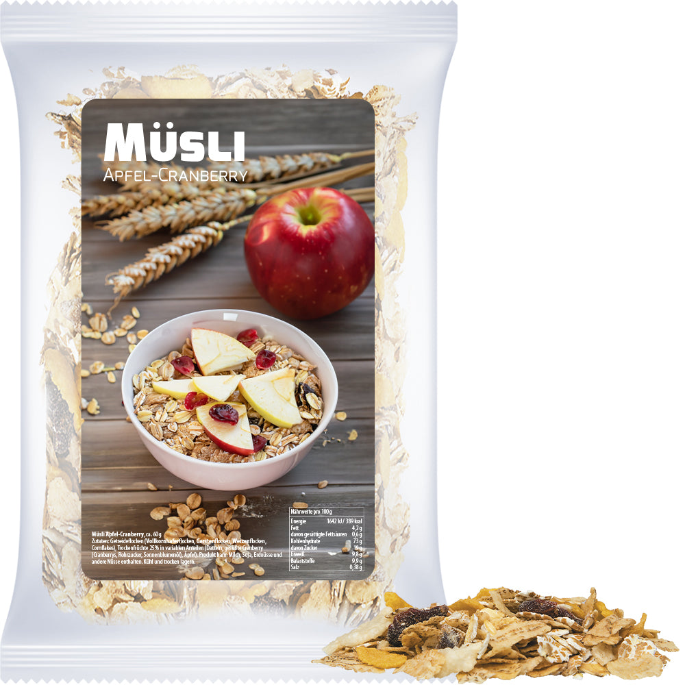 Knuspermüsli in der Maxi Tüte mit Etikett – Müsli Apfel Cranberry, ca. 60 g