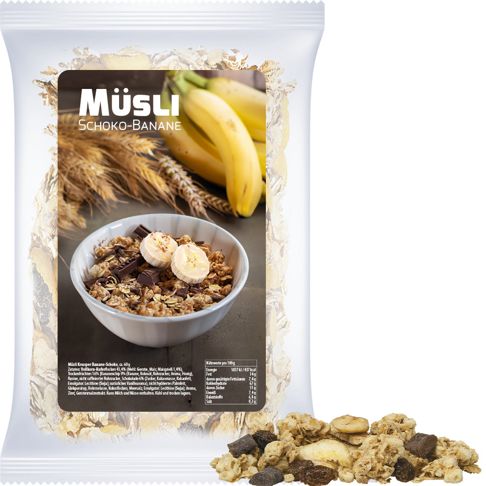 Knuspermüsli in der Maxi Tüte mit Etikett – Müsli Knusper Banane Schoko, ca. 60 g
