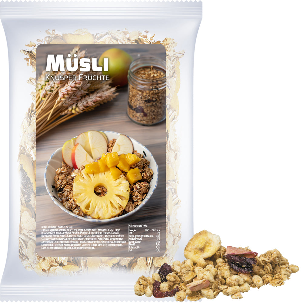 Knuspermüsli in der Maxi Tüte mit Etikett – Müsli Knusper Früchte, ca. 60 g