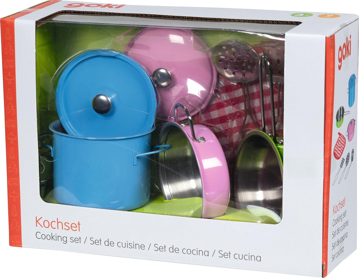 Kochset mit bunten Töpfen und Topflappen – Sechste Ansicht