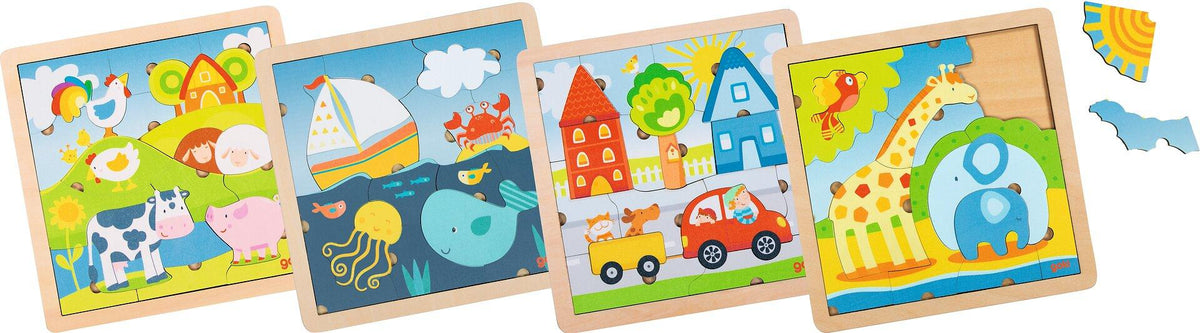 Konturpuzzle aus Holz mit Bauernhof, Meer, Stadt und Zoo