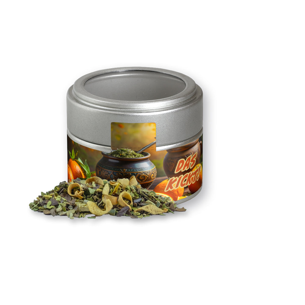 Kräutertee in der silbernen Metalldose Mini – Matetee Orange, ca. 19 g