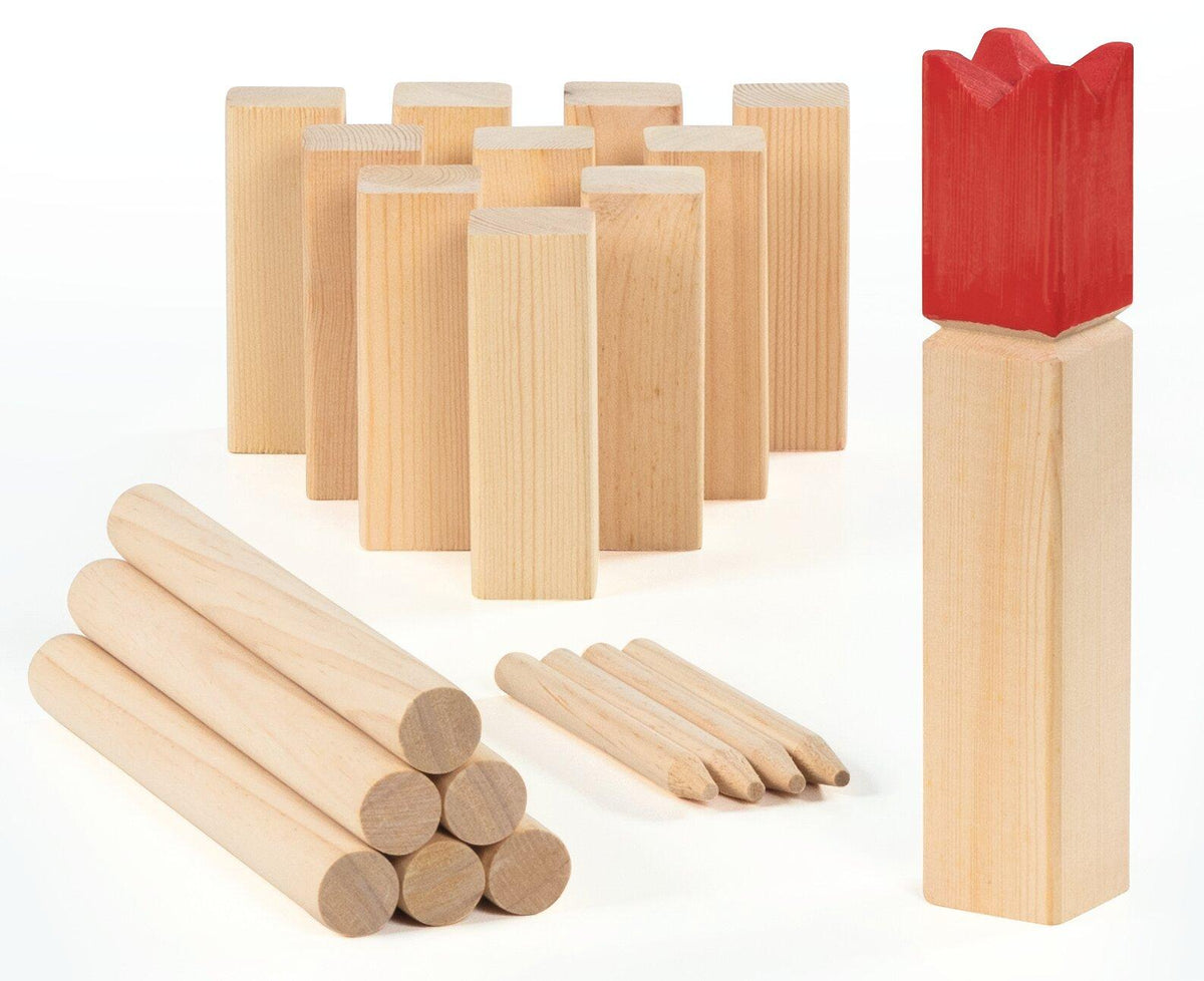Kubb Wikingerspiel mit rotem König in der Faltschachtel – weitere Ansicht