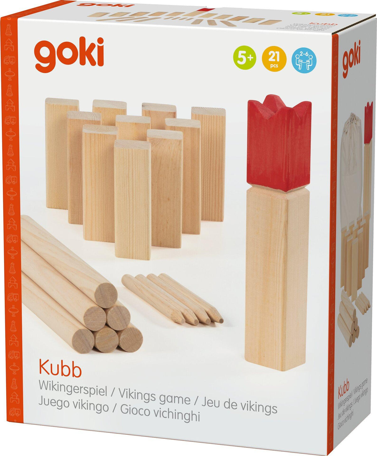 Kubb Wikingerspiel mit rotem König in der Faltschachtel – weitere Ansicht