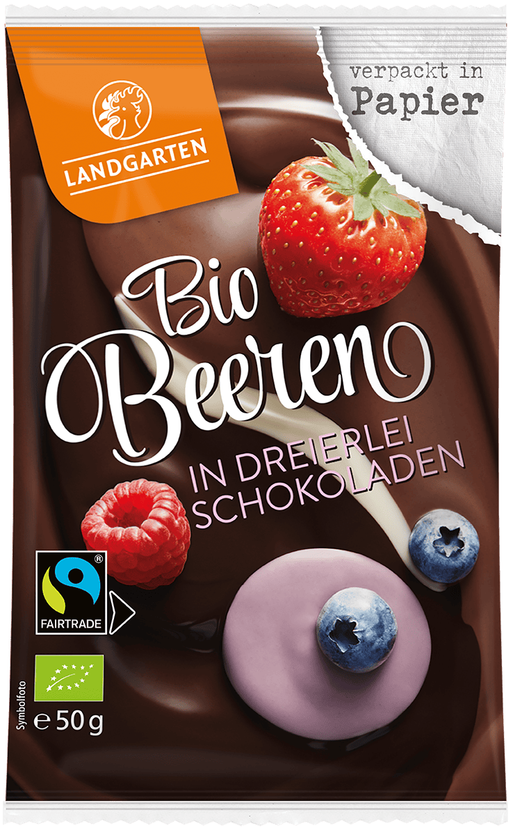 LANDGARTEN Bio Beeren in dreierlei Schokoladen 50 g mit Logo