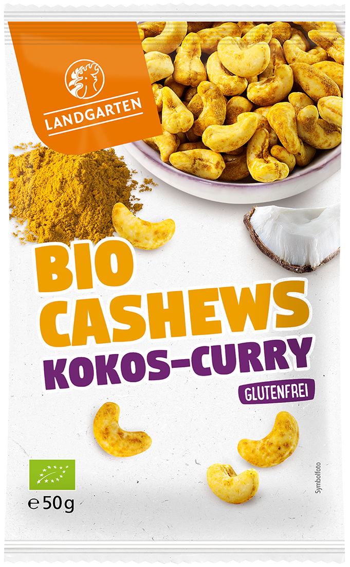 LANDGARTEN Bio Cashews Kokos Curry 50 g mit Logo Button