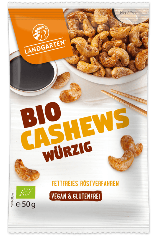 LANDGARTEN Bio Cashews Würzig 50 g mit Logo Button