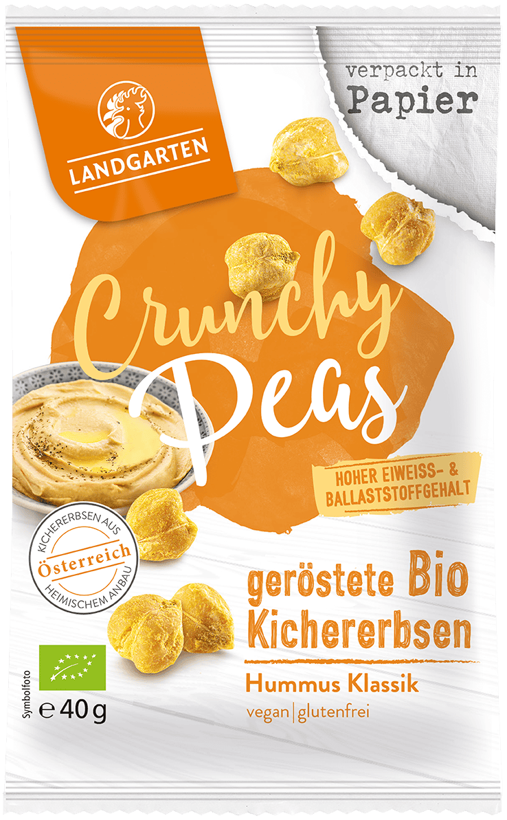 LANDGARTEN Bio Crunchy Peas Hummus Klassik 40 g mit Logo Button