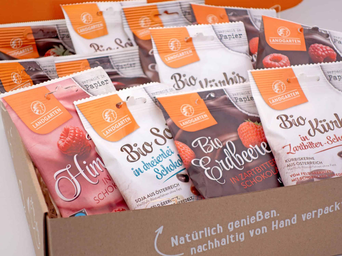 LANDGARTEN Bio Geschenkbox Groß Schoko Genuss mit Logo Button