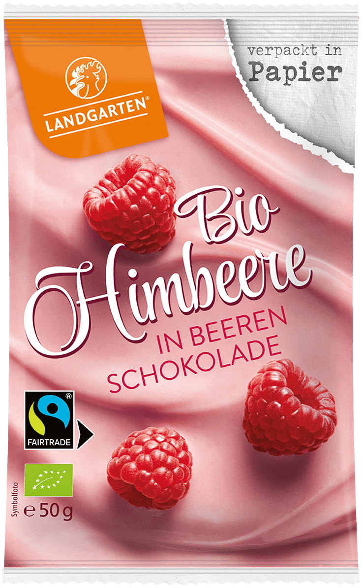 LANDGARTEN Bio Himbeere in Beeren Schokolade 50 g mit Logo Button