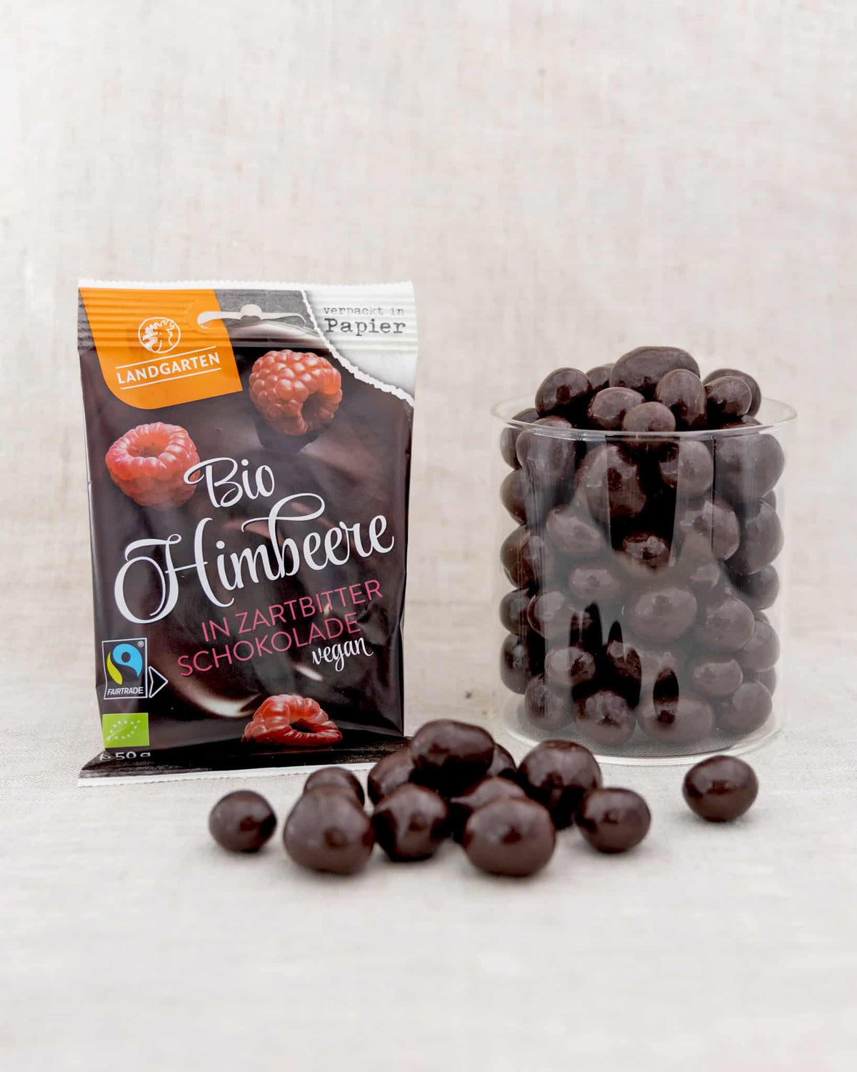 LANDGARTEN Bio Himbeere in Zartbitter Schokolade 50 g mit Logo