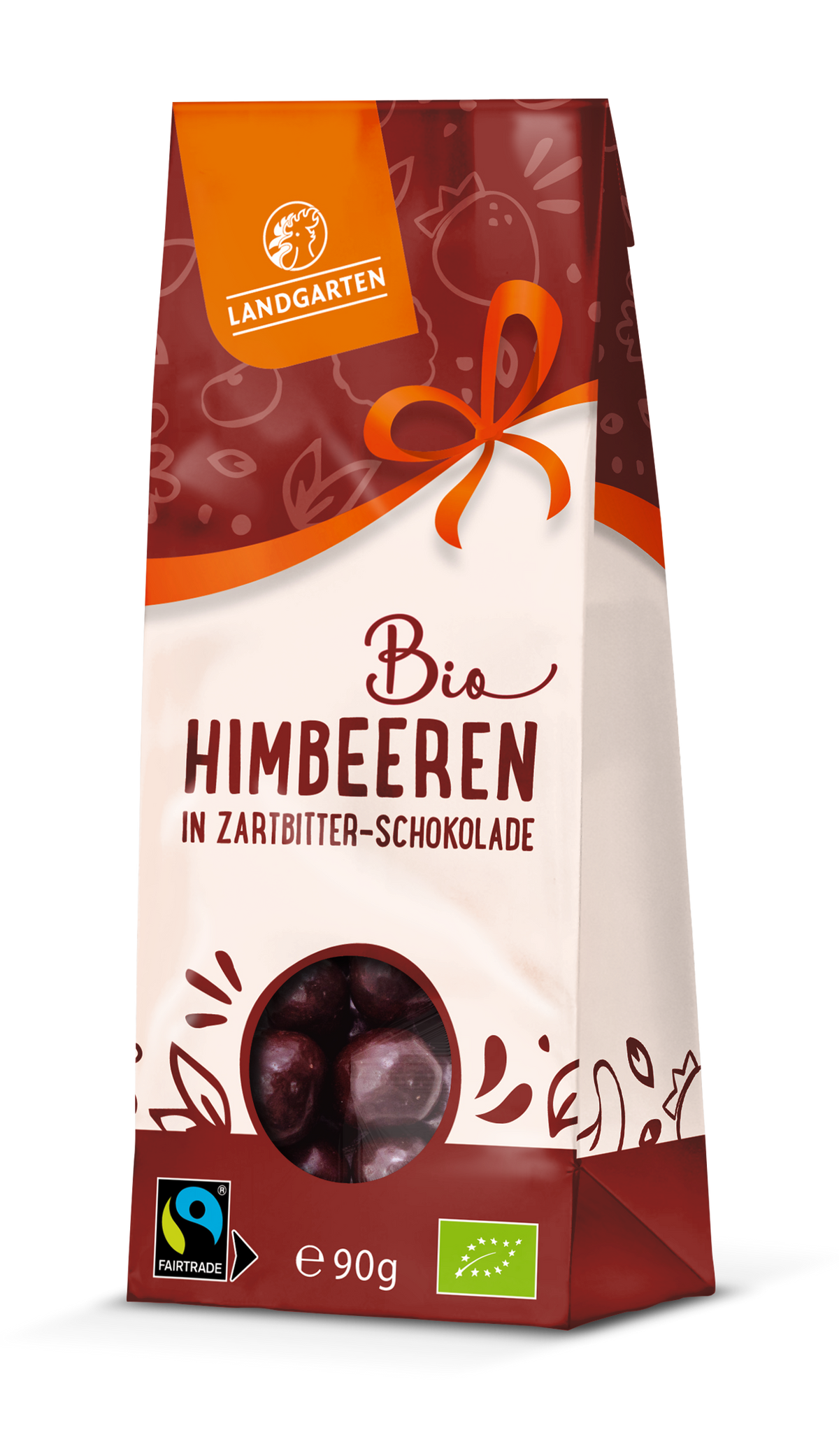 LANDGARTEN Bio Himbeeren in Zartbitterschokolade 90 g mit Logo