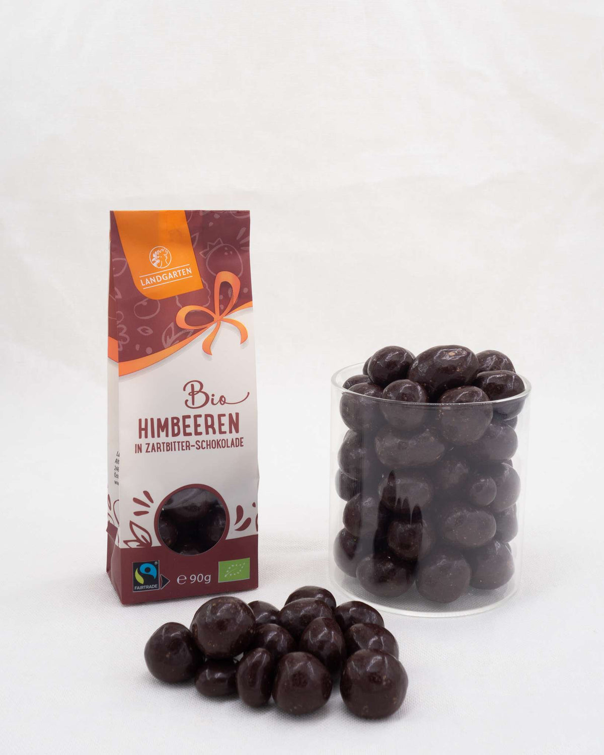 LANDGARTEN Bio Himbeeren in Zartbitterschokolade 90 g mit Logo