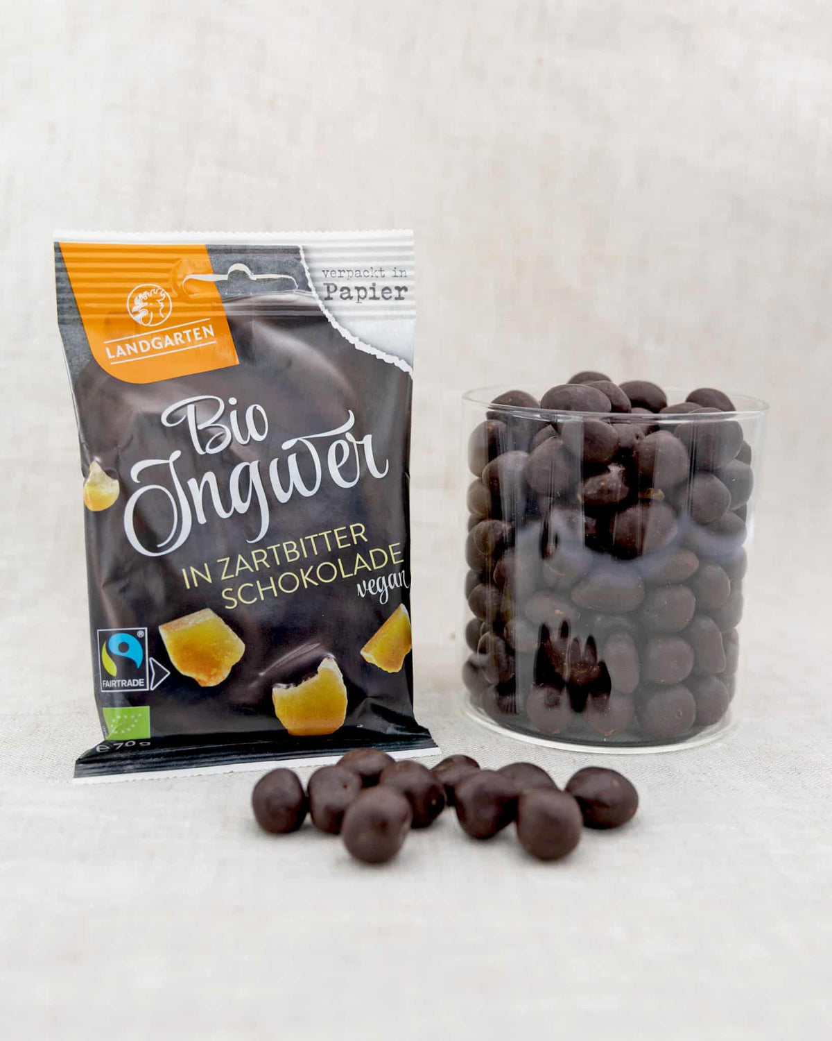 LANDGARTEN Bio Ingwer in Zartbitter Schokolade 70 g mit Logo