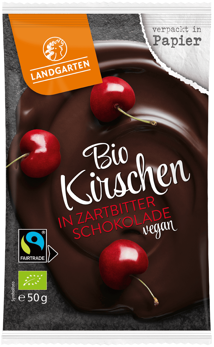 LANDGARTEN Bio Kirsche in Zartbitter Schokolade 50 g mit Logo