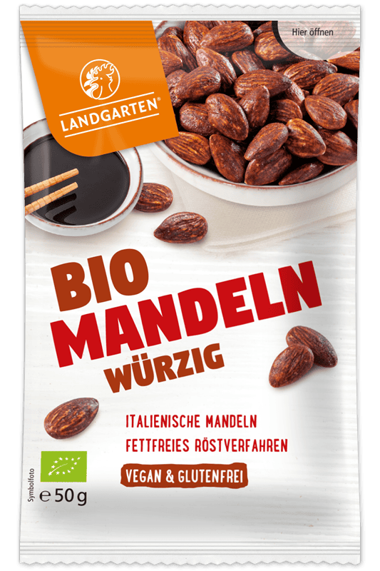 LANDGARTEN Bio Mandeln Würzig 50 g mit Logo Button