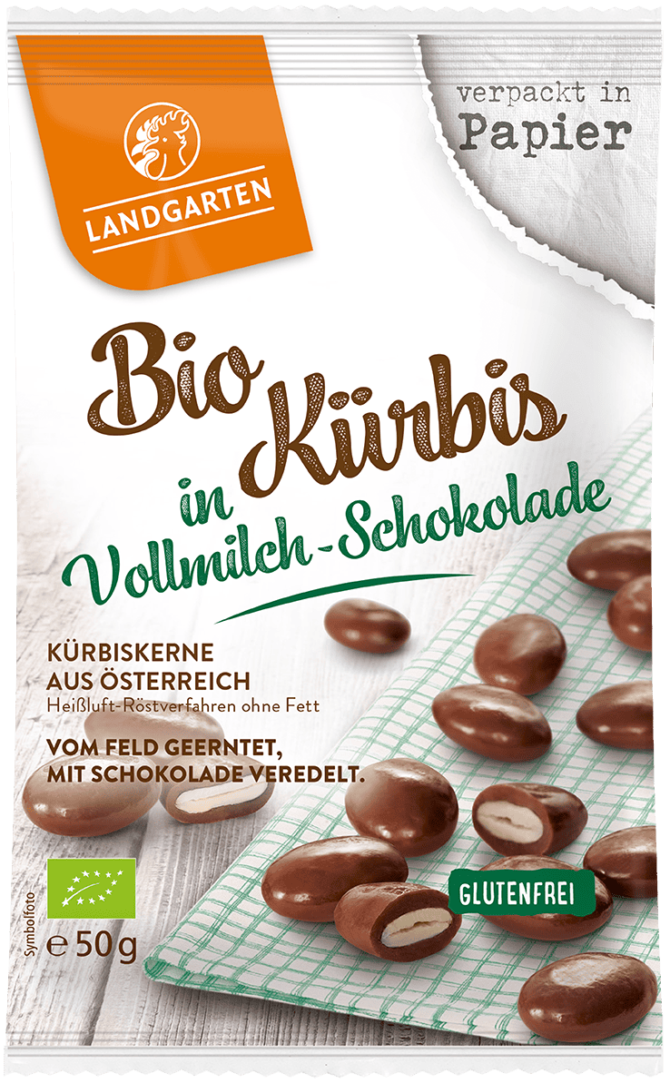 LANDGARTEN Bio Schoko Kürbiskerne 50 g mit Logo Button